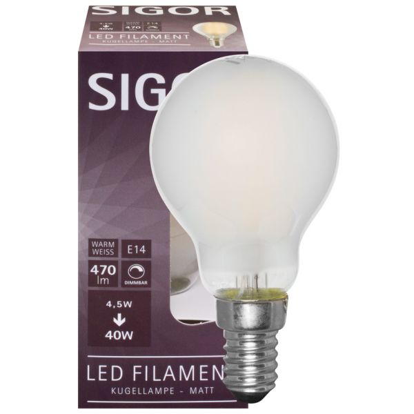 Sigor LED Filament Leuchtmittel in Tropfenform | matt, E14, 2700K 450lm, dimmbar im Designshop Lichtraum24.de kaufen