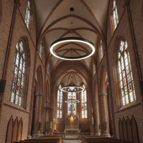 Moderne Kirchenbeleuchtung RING 50 im Hauptschiff Lichtkonzept
